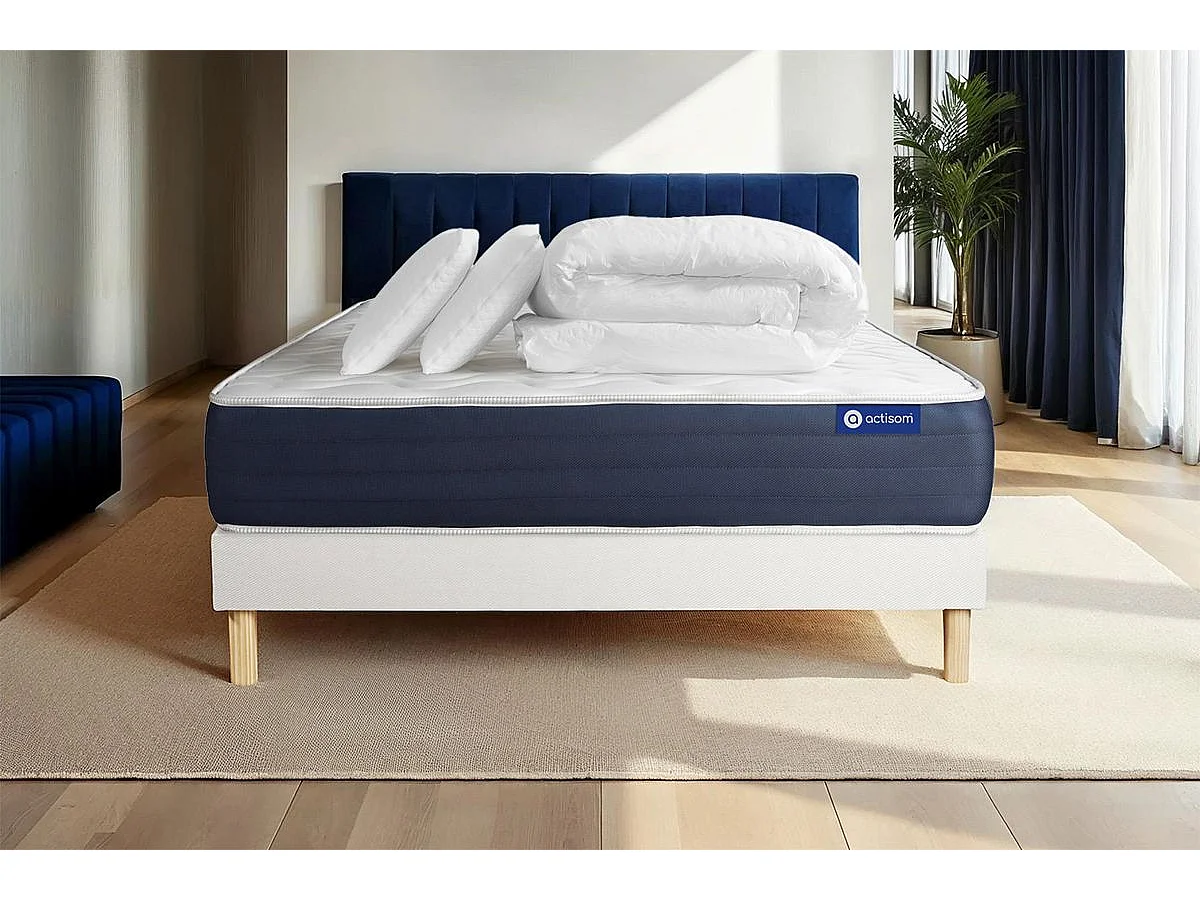 Pack prêt à dormir matelas Ressorts ensachés + Mémoire de forme ACTIFLEX SLEEP 180x200 + sommier KIT blanc +2oreillers+couette