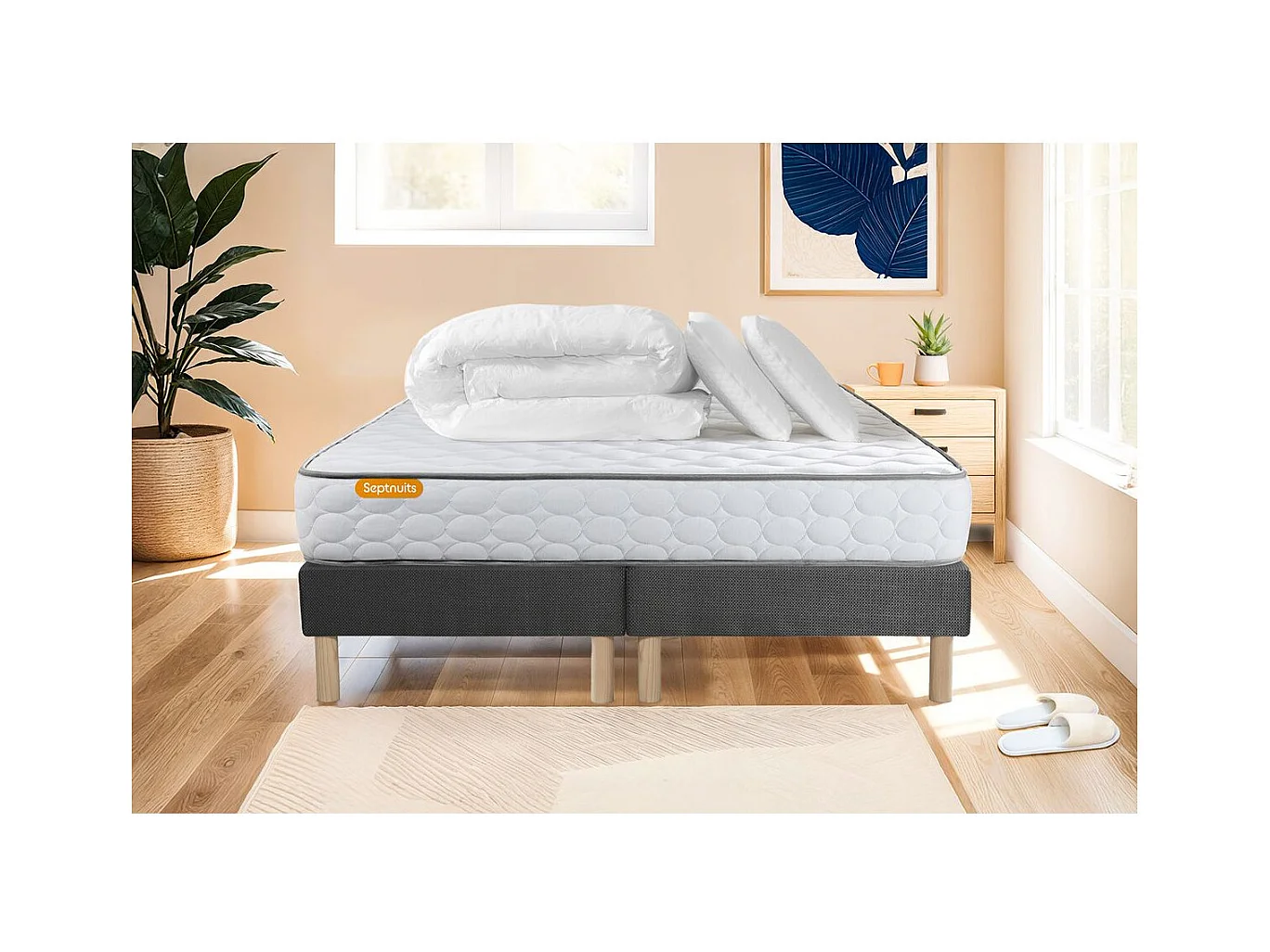 Pack matelas Memo + double sommiers gris 180x200 + 2 oreillers mémoire de forme