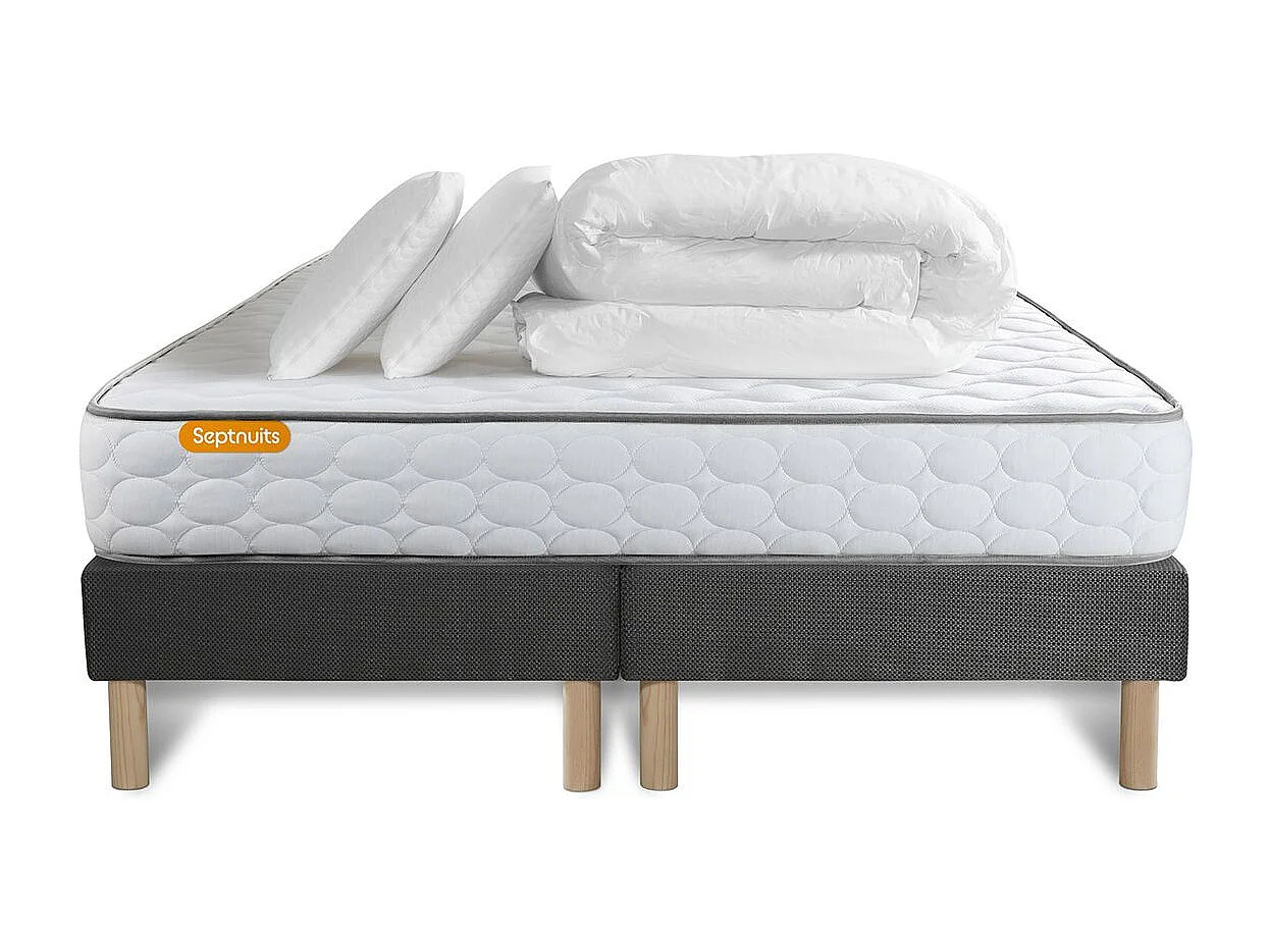 Pack matelas Memo + double sommiers gris 180x200 + 2 oreillers mémoire de forme