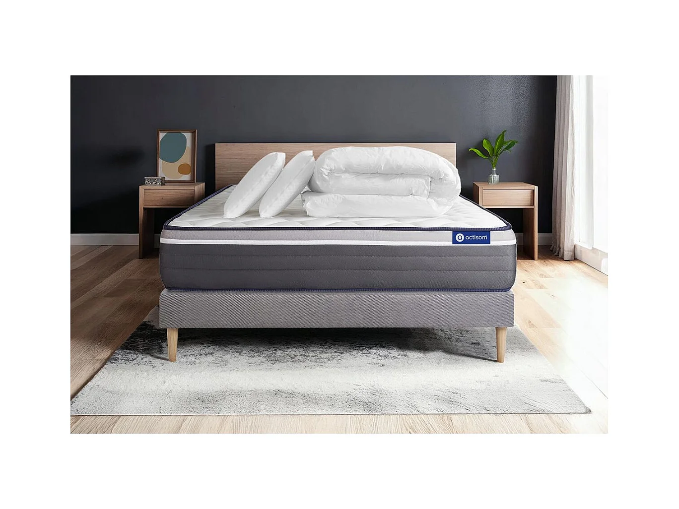 Pack prêt à dormir matelas ACTIMEMO PLUS 180x200 Mémoire de forme 7zones confort + sommier KIT gris + 2 oreillers + couette