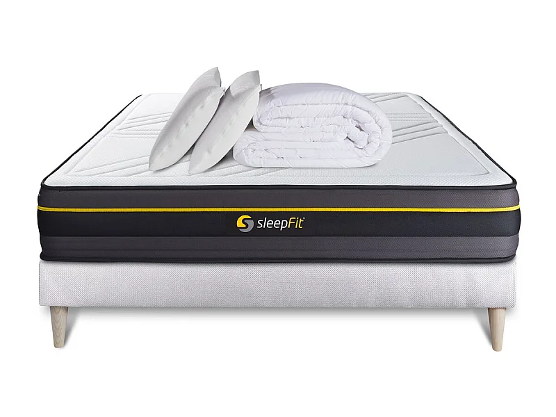 Pack prêt à dormir 140x190 matelas ACTIVE + sommier kit blanc + 2 oreillers mémoire de forme 60x40cm + Couette Percale 240x220 c