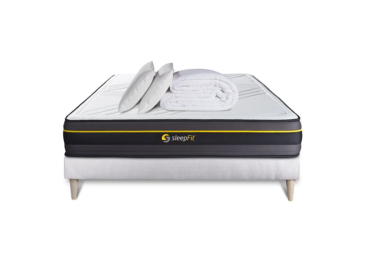 Pack prêt à dormir 140x190 matelas ACTIVE + sommier kit blanc + 2 oreillers mémoire de forme 60x40cm + Couette Percale 240x220 c
