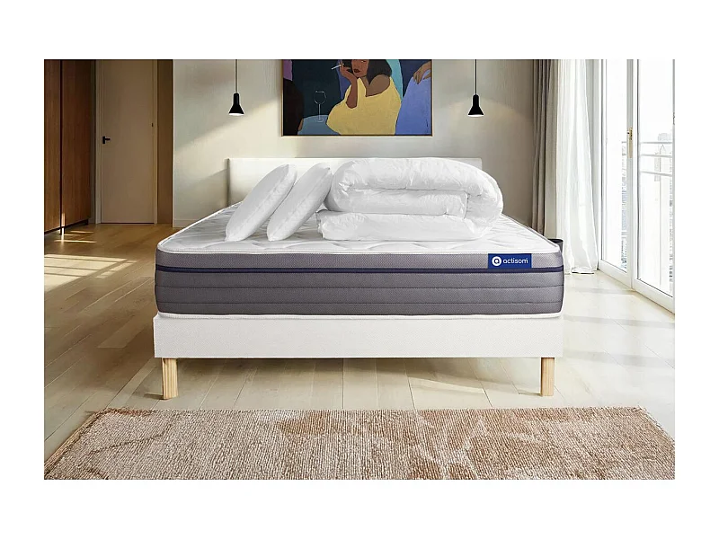 Pack cama completa - Colchón 140x190cm + Somier con láminas (kit) + 2 almohadas + Edredón - ActiMemo Zen