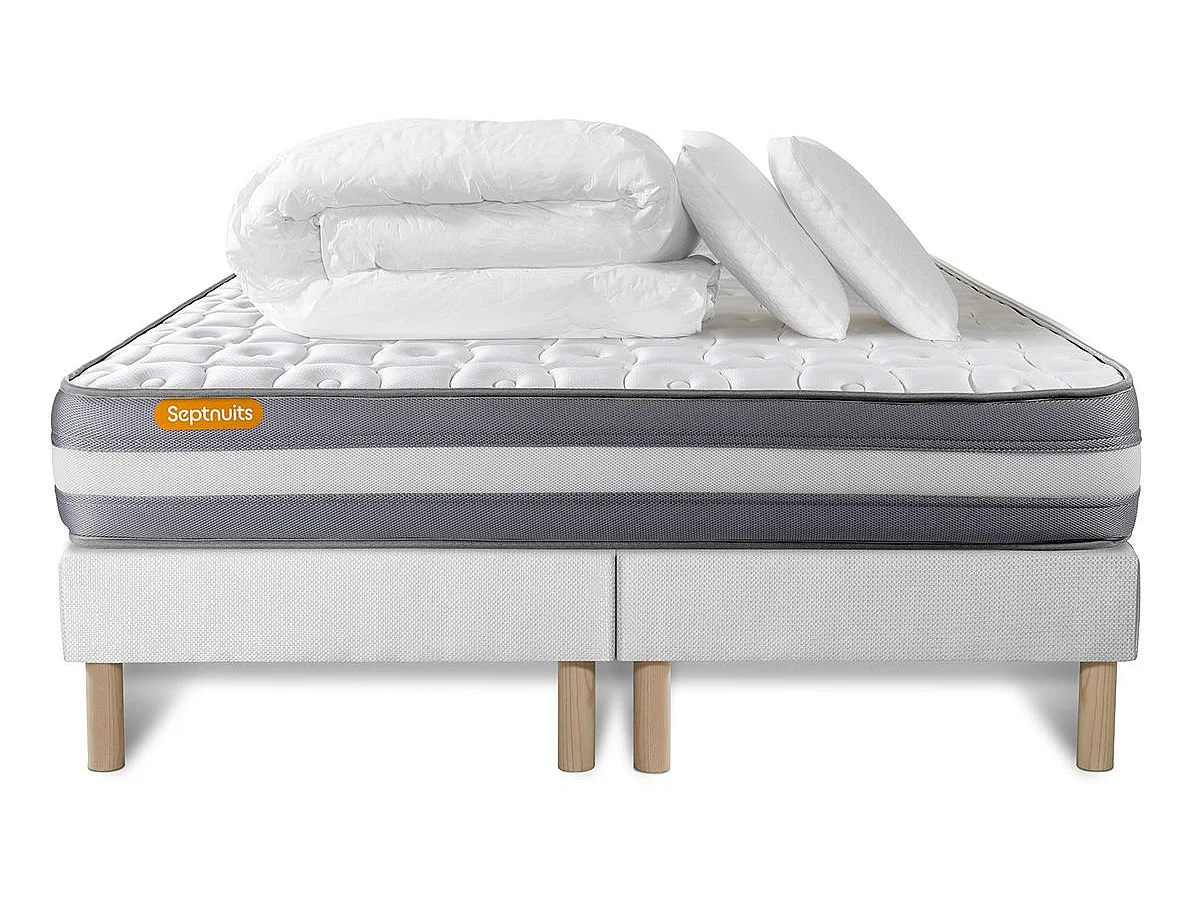 PACK matelas 180x200 + double sommiers 90x200 Memo Plus Mémoire de forme 3 zones + 2 oreillers + couette