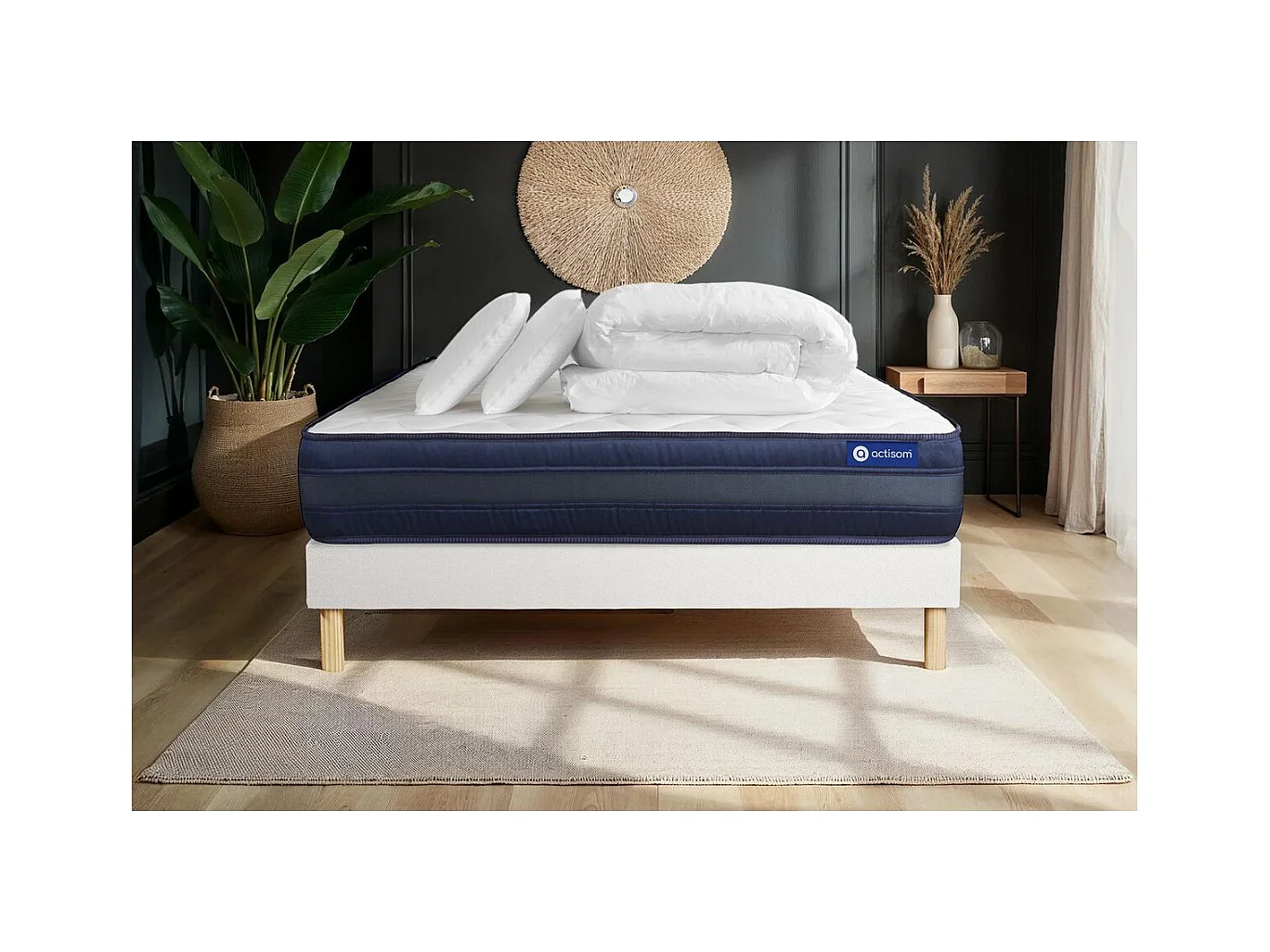 Pacchetto letto completo - Materasso 160x200cm + Box spring con doghe (kit) + 2 cuscini + Piumino - Actiflex Tech