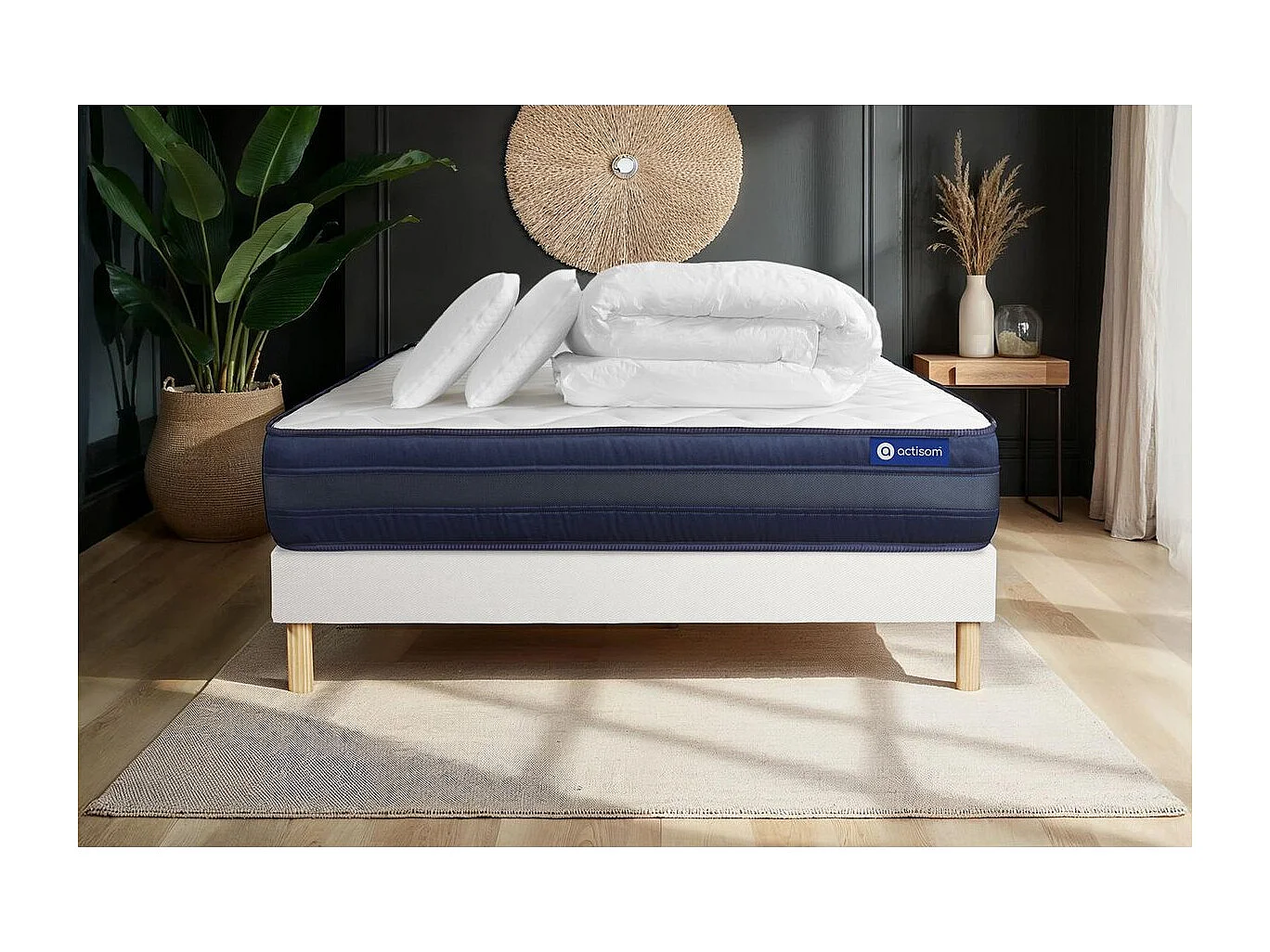 Pack prêt à dormir matelas ACTIFLEX TECH 160x200 Mémoire de forme Maxi épaisseur + sommier KIT blanc + 2 oreillers + couette
