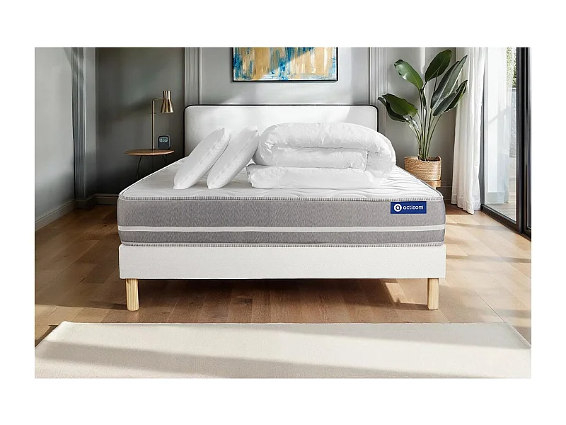 Pacchetto letto completo - Materasso 140x190cm + Box spring con doghe (in kit) + 2 cuscini + Piumino - Actimemo Touch