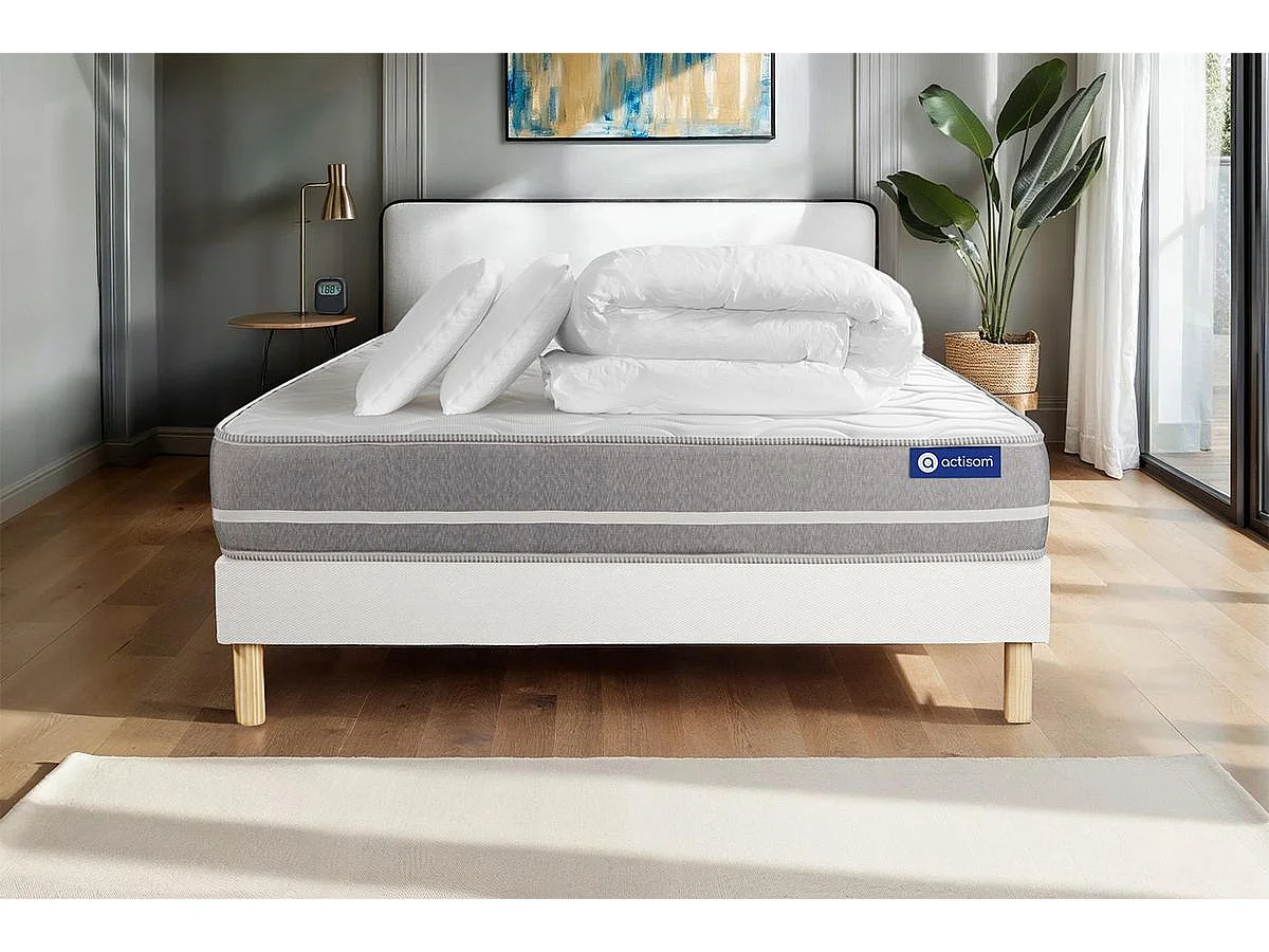 Pack prêt à dormir matelas Mémoire de forme ACTIMEMO TOUCH 140x190 3zones confort + sommier KIT blanc + 2 oreillers + couette