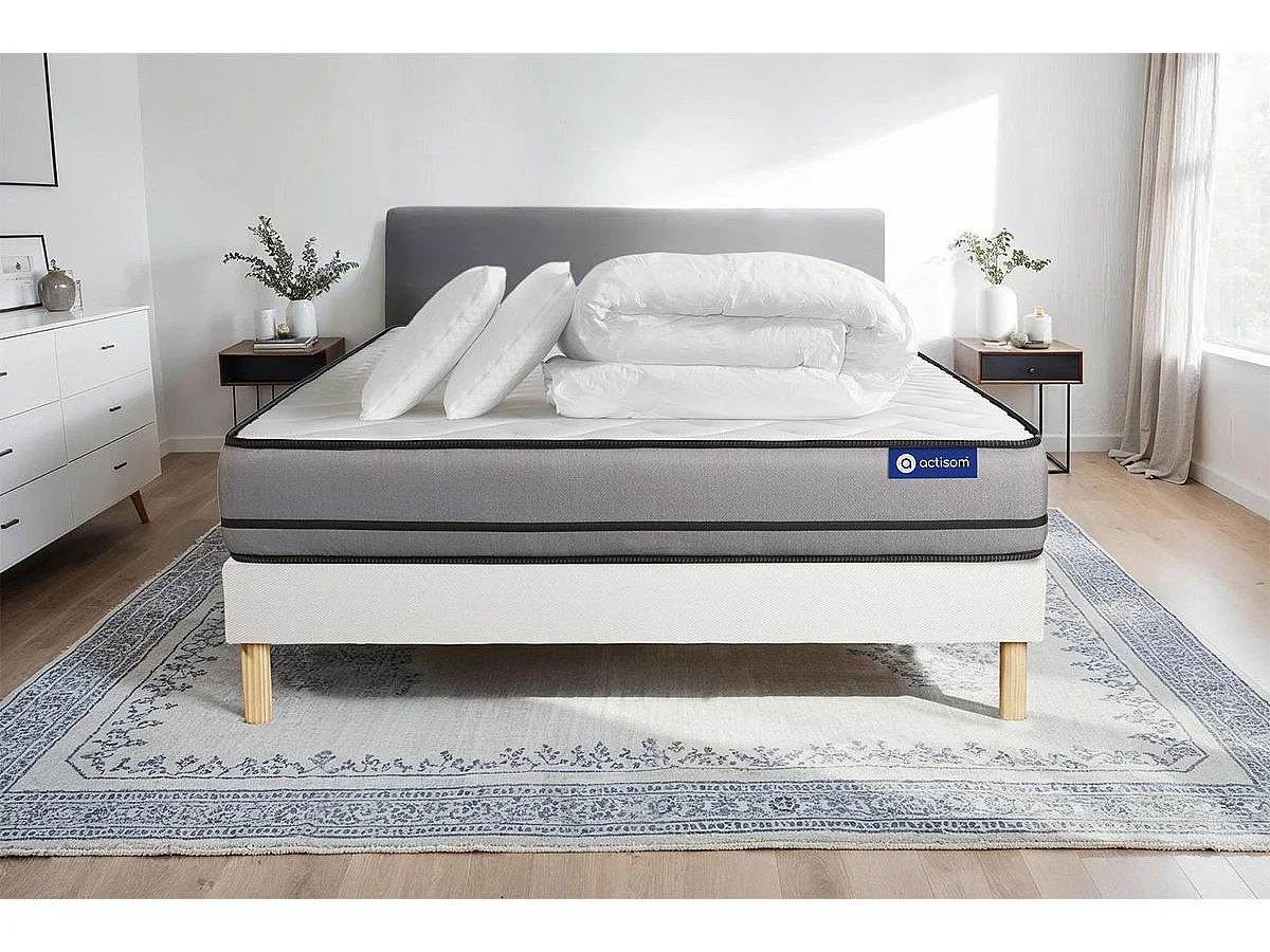 Pacchetto letto completo - Materasso 140x190cm + Box spring con doghe (kit) + 2 cuscini + Piumino - Actilatex Night