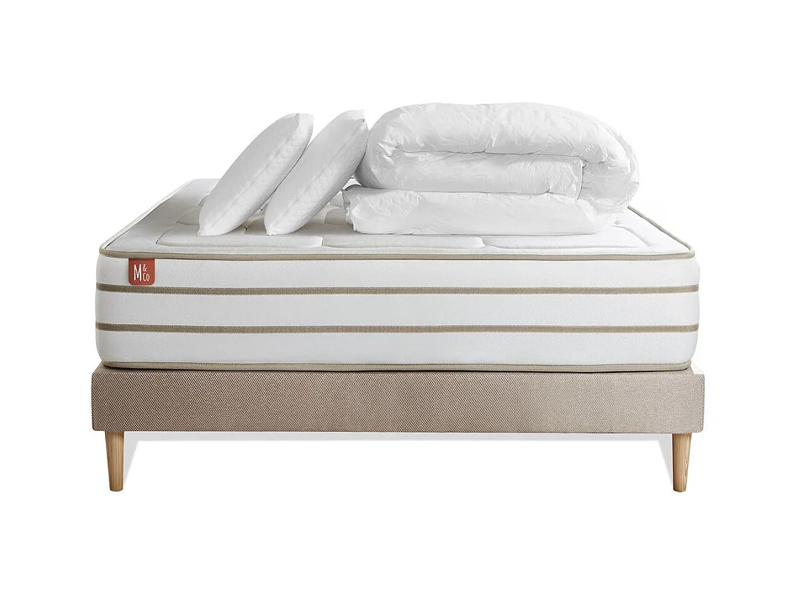 Pack prêt à dormir matelas LE DOUILLET 140x190cm Mémoire de forme BioVisco + sommier Beige + 2 oreillers + couette