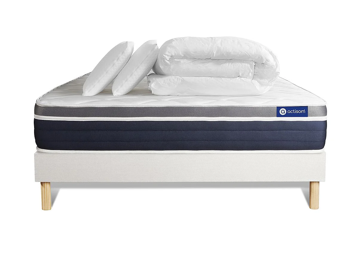 Pack prêt à dormir ACTIFLEX CONFORT Matelas Ressorts ensachés+mémoire de forme 140x190 + sommier KIT blanc +2oreillers+couette
