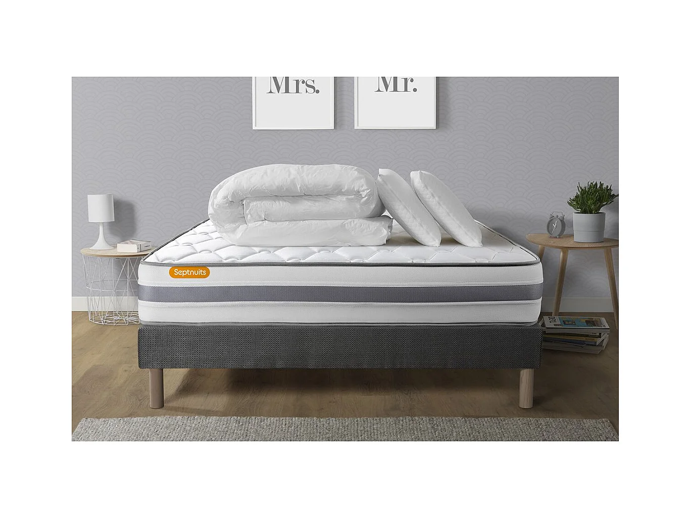 Pack matelas + sommier gris 140x190 Memo Spring Ressorts ensachés 3 zones MAXI épaisseur + Couette + 2 oreillers