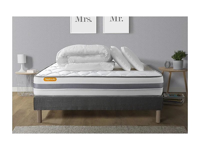Pack matelas + sommier gris 140x190 Memo Spring Ressorts ensachés 3 zones MAXI épaisseur + Couette + 2 oreillers