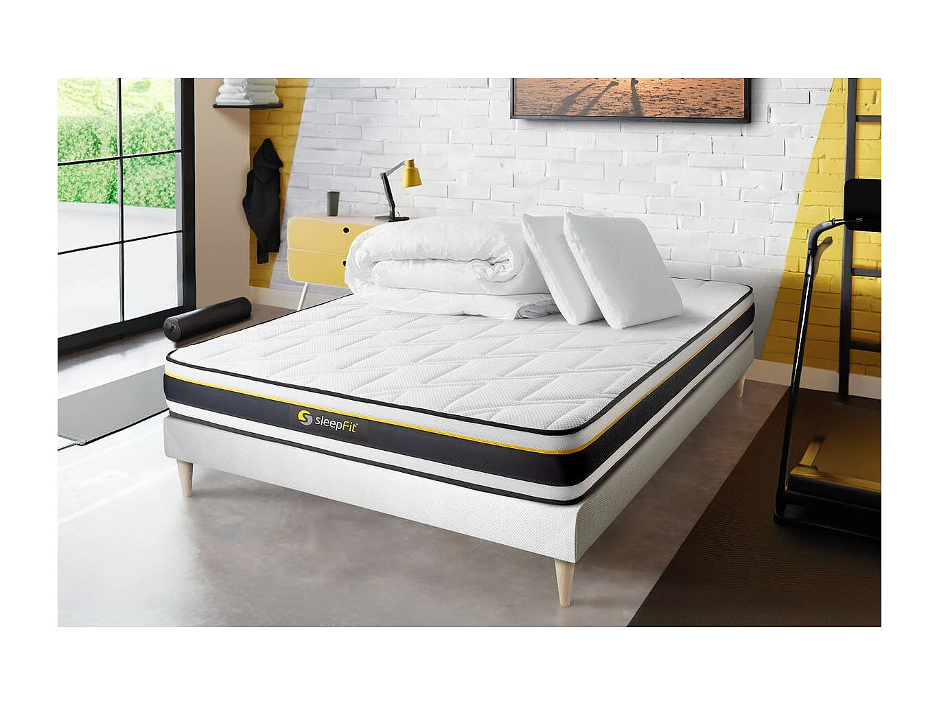 Pack sommier + matelas SOFT 140x200 + 2 oreillers mémoire de forme + Couette Percale
