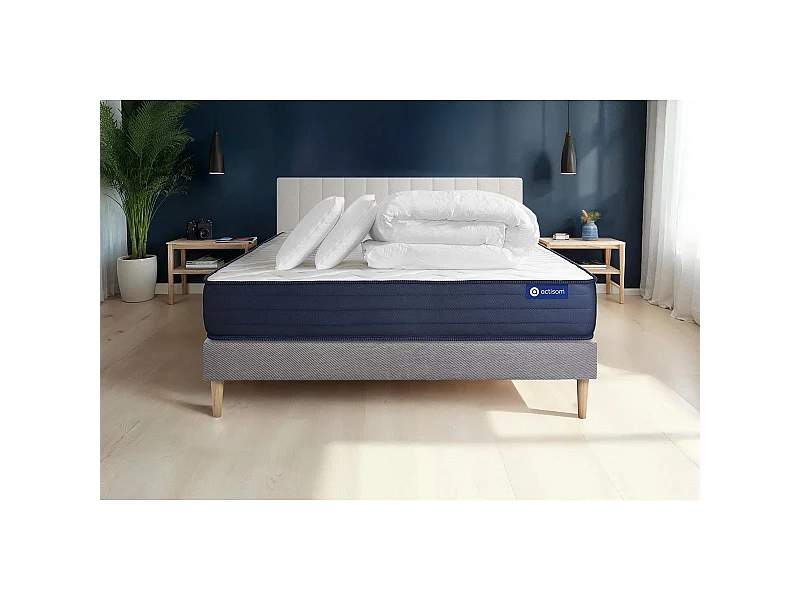 Komplettpaket Bett - Matratze 140x190 cm + Boxspringbett mit Lattenrost (im Set) + 2 Kopfkissen + Bettdecke - Actimemo Life