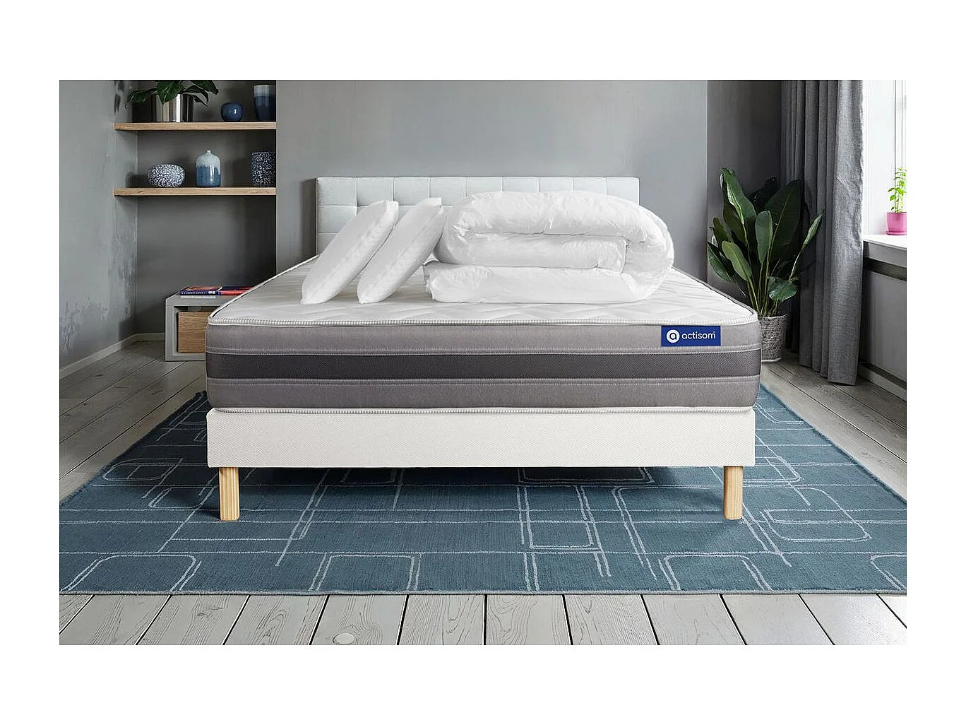 Pack prêt à dormir matelas ACTILATEX RELAX Latex et mémoire de forme 140x200 cm + sommier KIT blanc + 2 oreillers + couette