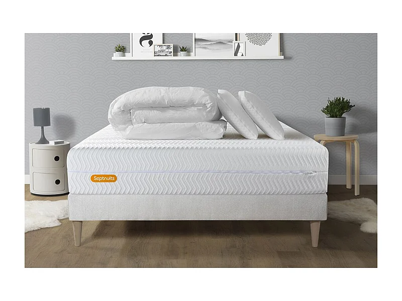 PACK Matelas + sommier kit blanc 140x190 Memo Bio Mousse à mémoire de forme Maxi épaisseur + Couette + 2 oreillers