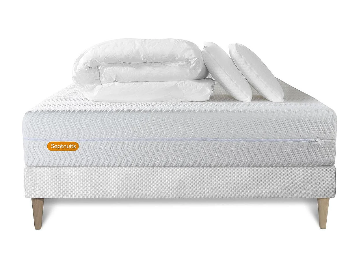 PACK Matelas + sommier kit blanc 140x190 Memo Bio Mousse à mémoire de forme Maxi épaisseur + Couette + 2 oreillers