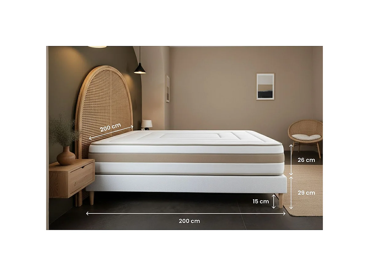 Ensemble LE RAFFINÉ 200x200cm Ressorts ensachés + Mémoire de forme BioVisco - Maxi épaisseur 26cm + sommier kit Blanc