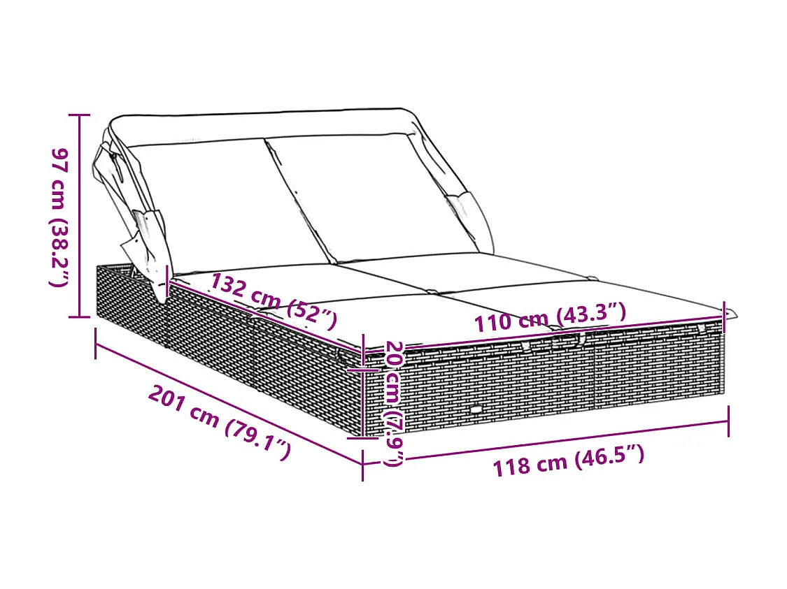 Transat 2 places avec toit pliable noir 213x118x97 cm