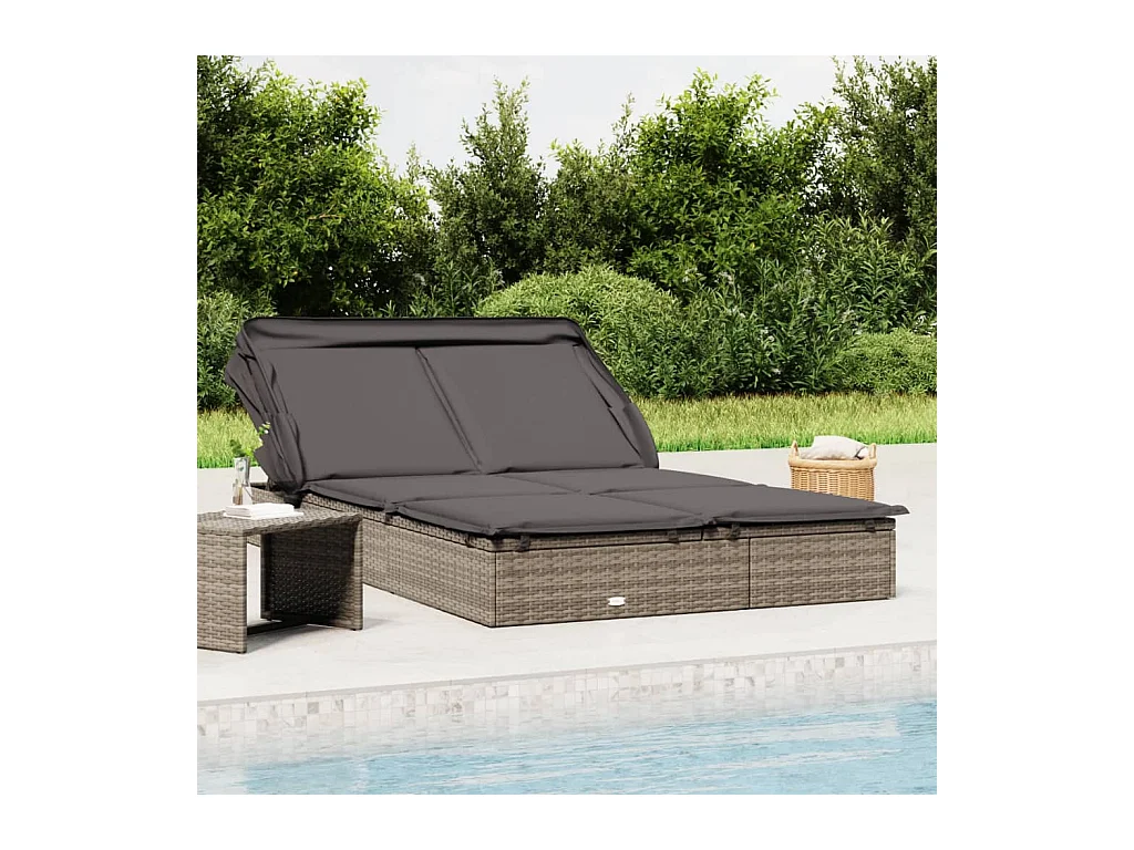 Lettino Doppio Tetto Pieghevole Grigio 213x118x97 cm Polyrattan