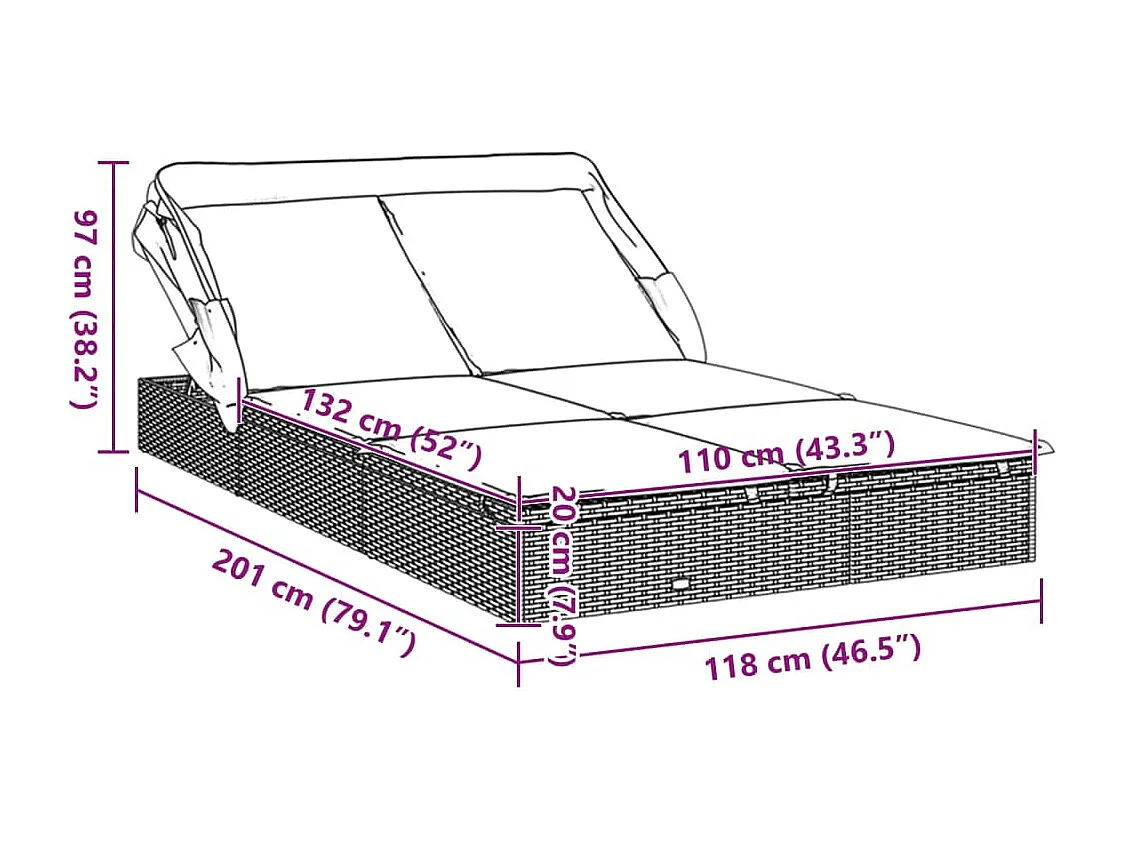 Transat 2 places avec toit pliable gris 213x118x97 cm