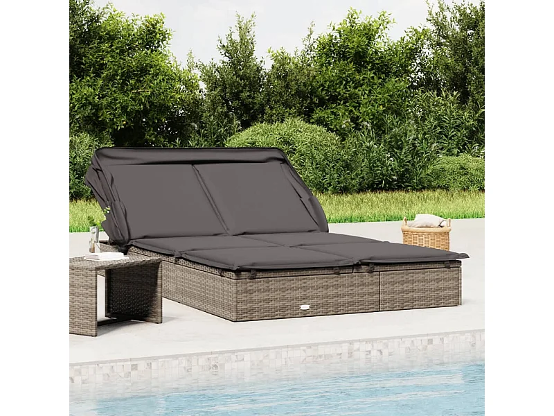 2-Personen-Sonnenliege mit Dach Grau 213x118x97 Poly Rattan