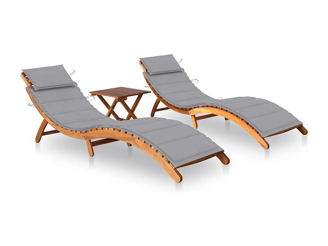 Chaises longues lot de 2 avec table et coussins Acacia solide