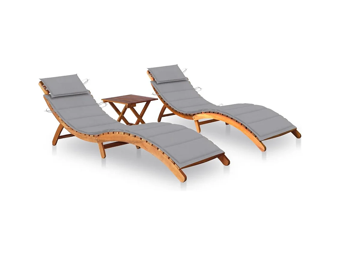 Chaises longues lot de 2 avec table et coussins Acacia solide