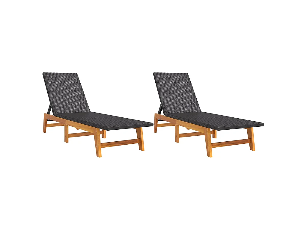 Chaises longues lot de 2 noir/marron résine tressée/bois acacia
