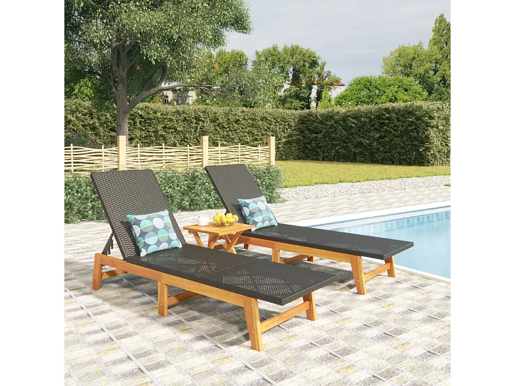 Chaises longues lot de 2 noir/marron résine tressée/bois acacia