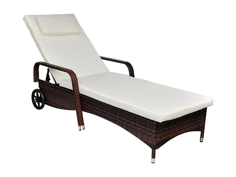 Espreguiçadeira espreguiçadeira para banhos de sol cama de jardim terraço móveis de exterior com almofada e rodas resina tecida marrom 02_0012447