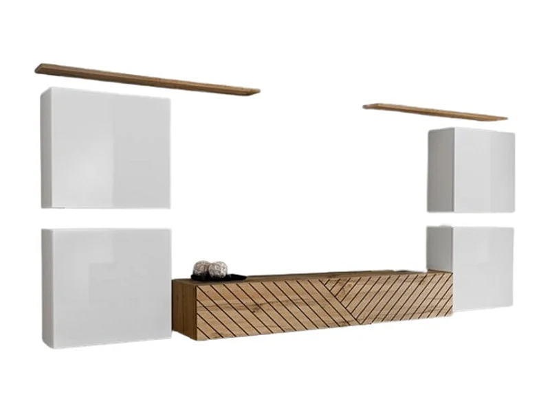 Set di mobili da soggiorno design SWITCH IV. Colori bianco e rovere. Finiture in rovere fresato e bianco lucido.