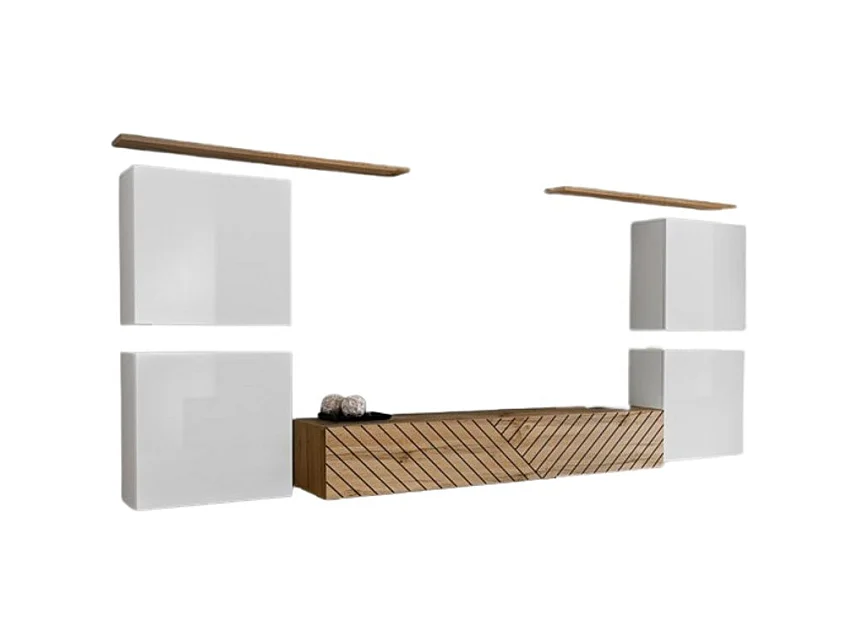 Ensemble de meubles design de salon SWITCH IV. Coloris blanc et chêne. Finitions chêne fraisé et blanc brillant .