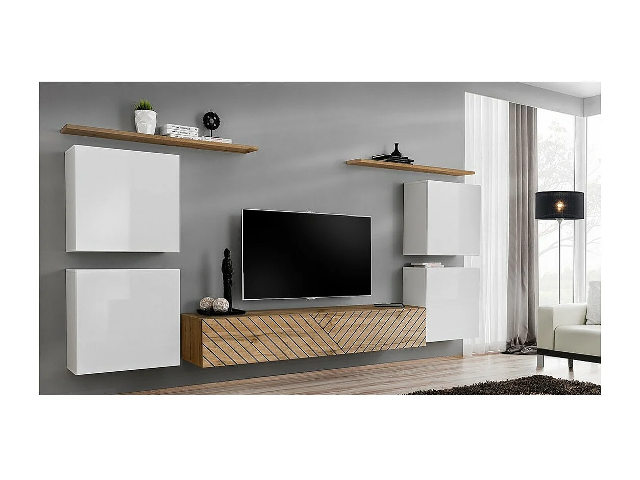 Design woonkamer meubelset SWITCH IV. Kleuren wit en eik. Afwerkingen in gefreesde eik en hoogglans wit.