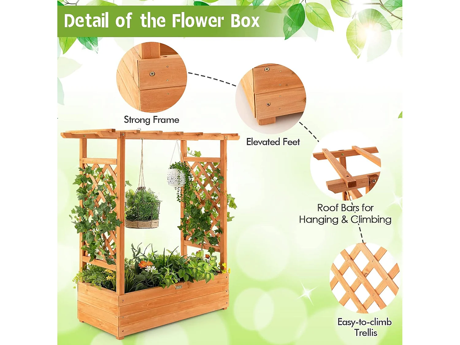 Jardinière avec 2 Treillis Latéraux Toit Suspendu en Bois de Sapin avec Trou de Drainage,Orange 110 x 44 x 113,5 cm