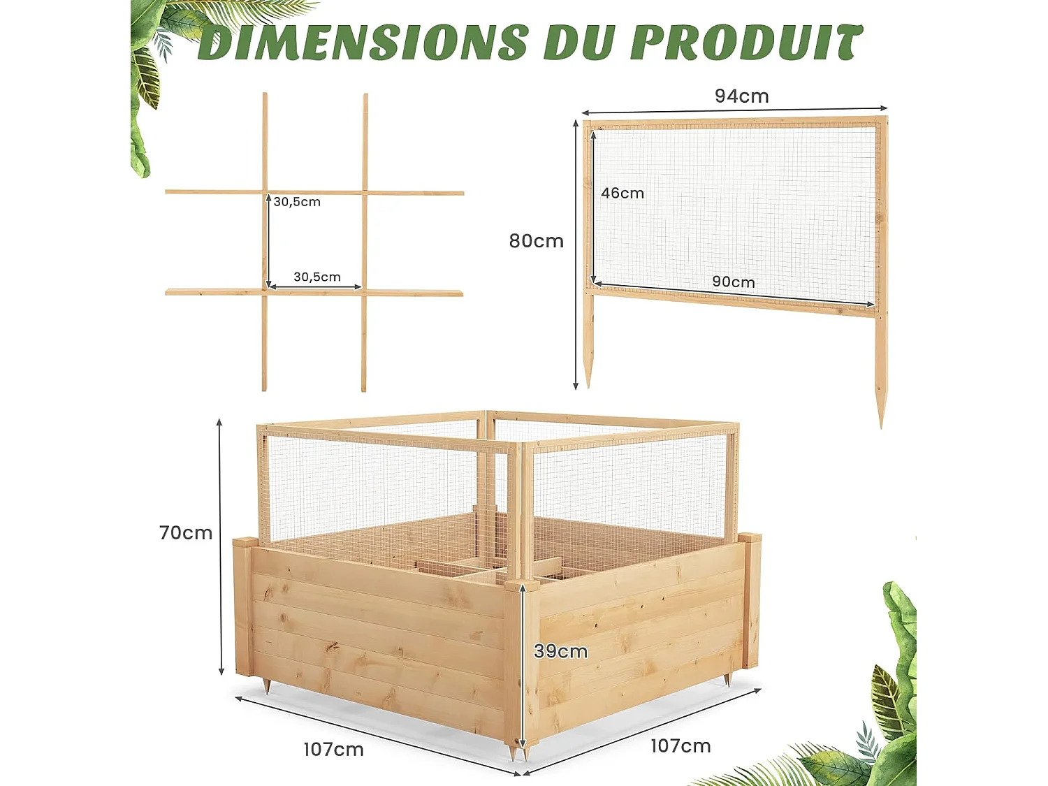 Jardinière Surélevée en Bois de SaBois avec Clôture de Protection et Grille de Culture, Lit de Jardin 107 x 107 x 80 cm, pour Culture de Fleurs Légumes Fruits