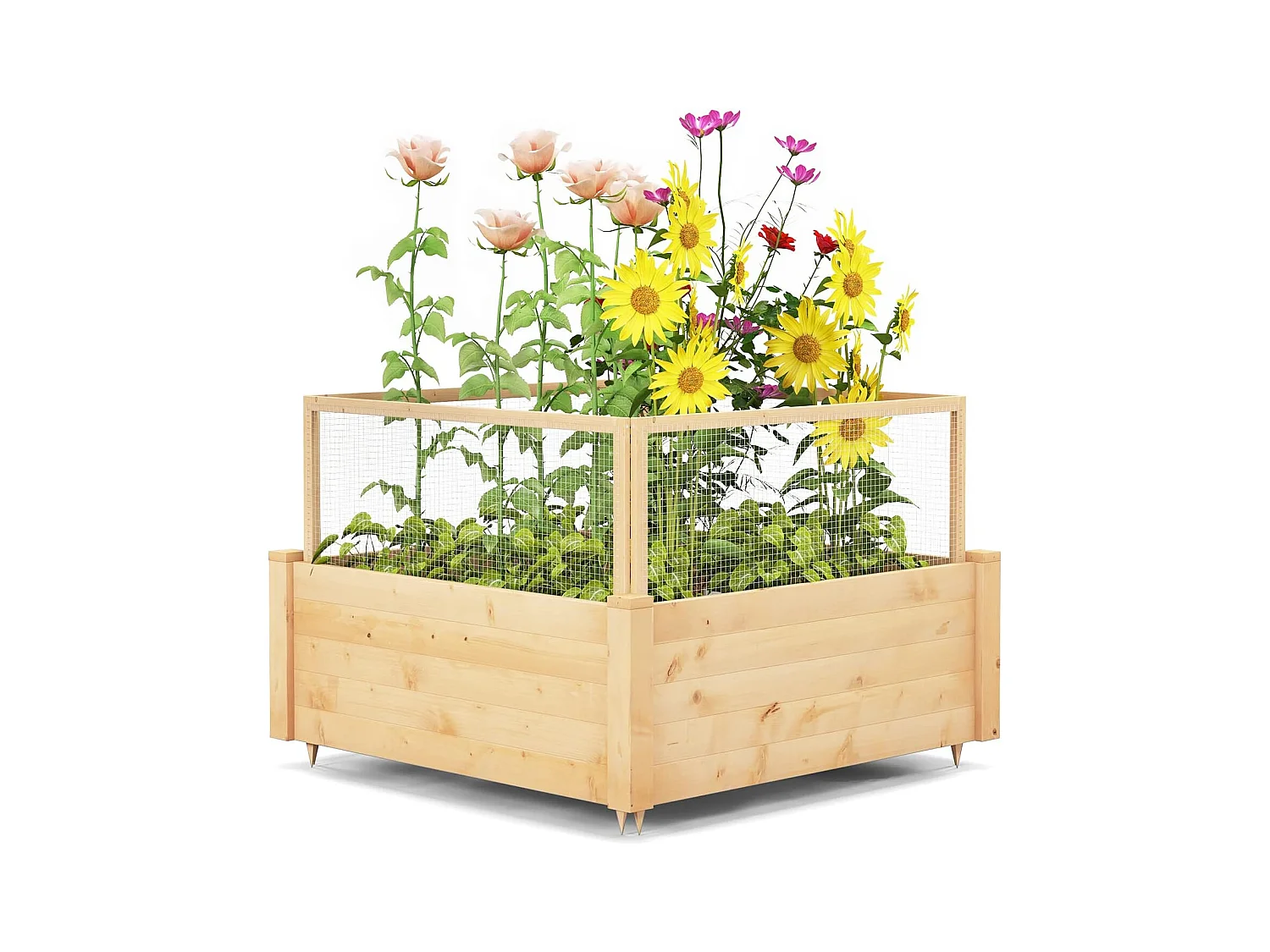 Jardinière Surélevée en Bois de SaBois avec Clôture de Protection et Grille de Culture, Lit de Jardin 107 x 107 x 80 cm, pour Culture de Fleurs Légumes Fruits