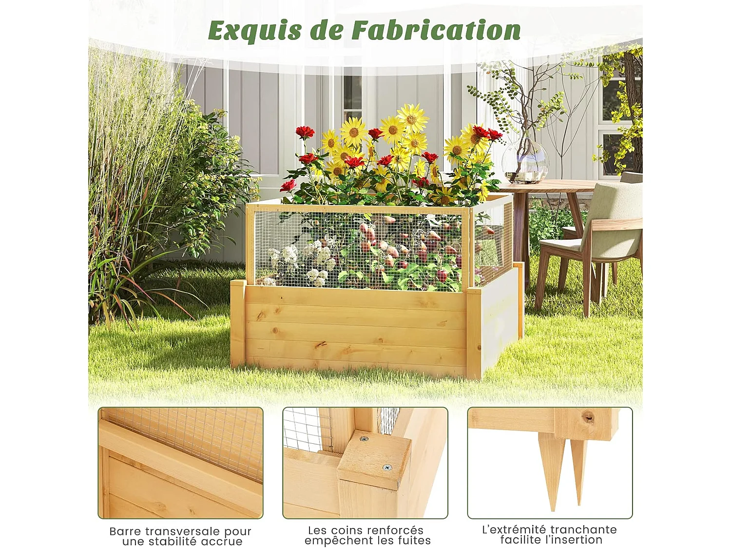 Jardinière Surélevée en Bois de SaBois avec Clôture de Protection et Grille de Culture, Lit de Jardin 107 x 107 x 80 cm, pour Culture de Fleurs Légumes Fruits