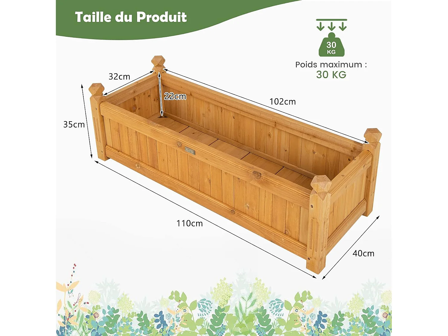 Jardinière Rectangulaire en Bois de SaBois Pré-huilé avec Système de Drainage 110x40x35 CM Bac à Fleurs pour Légumes/Herbes