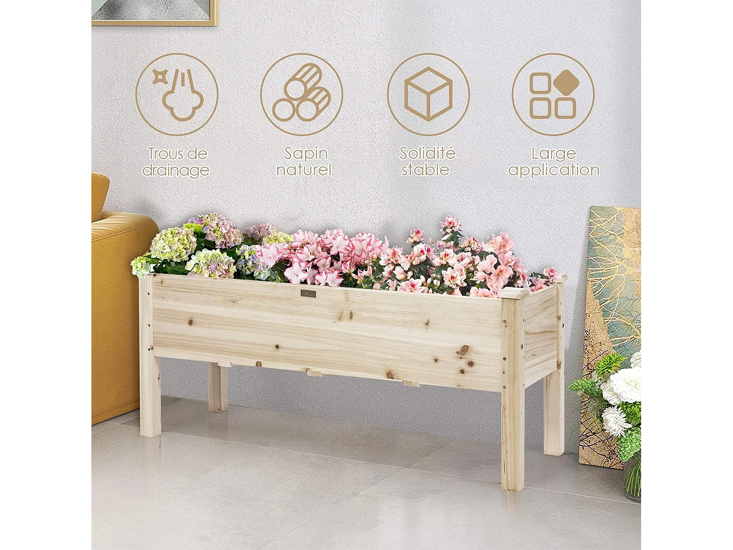 Jardinière Surélevée en Bois, Carré Potager sur Pied avec 5 Trous de Drainage, Jusqu’à 100KG,120x 43,5 x 51CM,Naturel