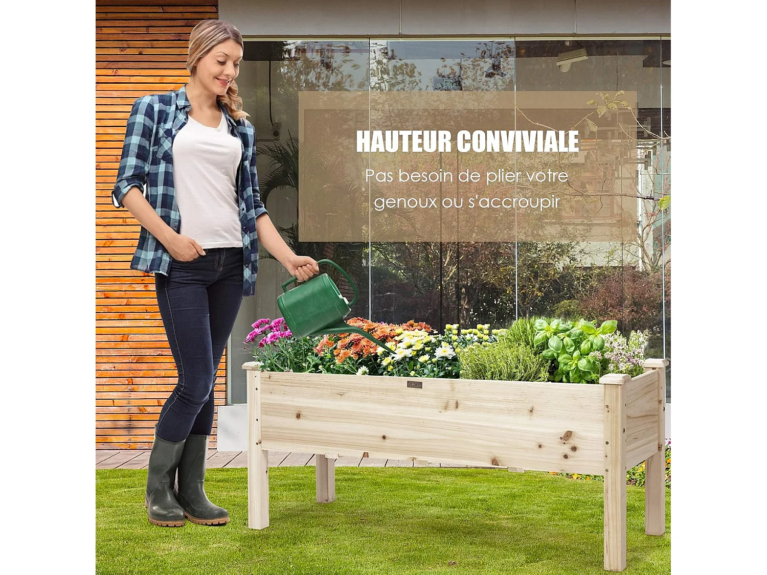 Jardinière Surélevée en Bois, Carré Potager sur Pied avec 5 Trous de Drainage, Jusqu’à 100KG,120x 43,5 x 51CM,Naturel