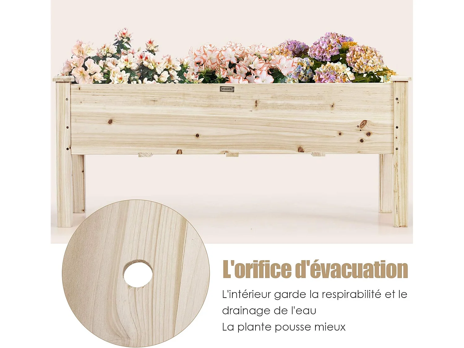 Jardinière Surélevée en Bois, Carré Potager sur Pied avec 5 Trous de Drainage, Jusqu’à 100KG,120x 43,5 x 51CM,Naturel