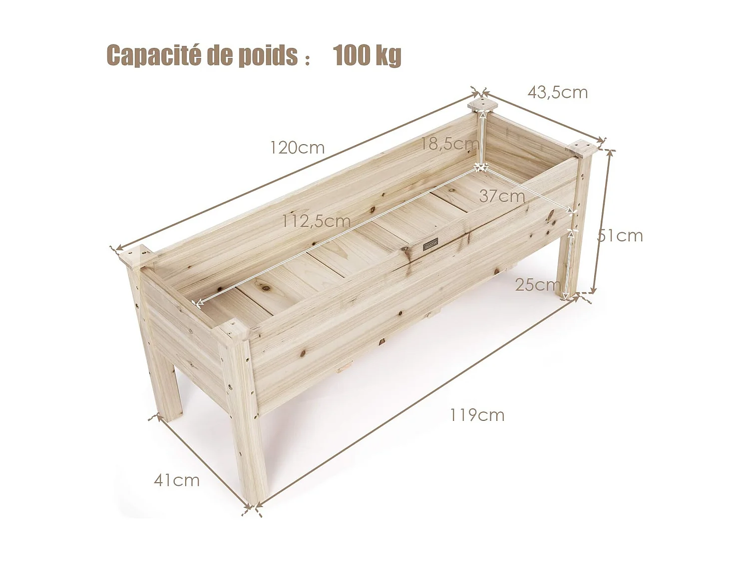 Jardinière Surélevée en Bois, Carré Potager sur Pied avec 5 Trous de Drainage, Jusqu’à 100KG,120x 43,5 x 51CM,Naturel