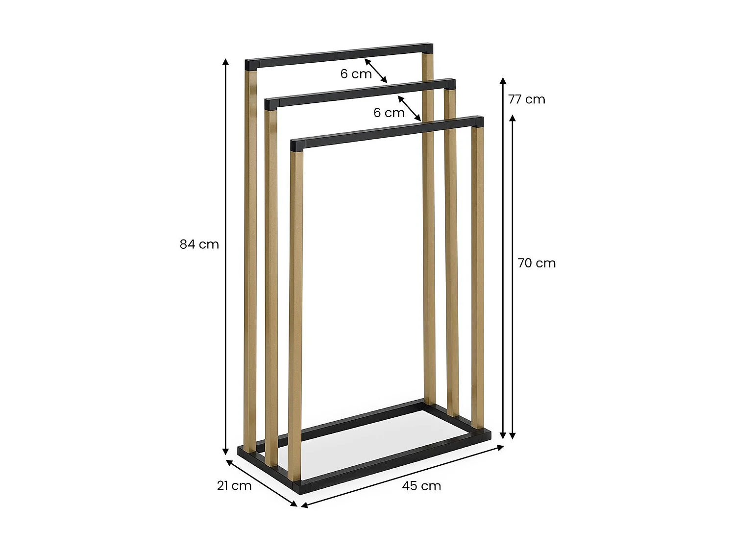 Porte-serviettes sur pied KUNO portant pour vêtements et linge de salle de bain avec 3 niveaux d'étendage, en métal noir et doré