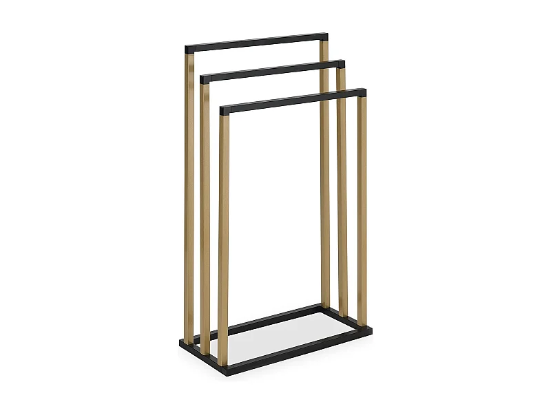 Porte-serviettes sur pied KUNO portant pour vêtements et linge de salle de bain avec 3 niveaux d'étendage, en métal noir et doré