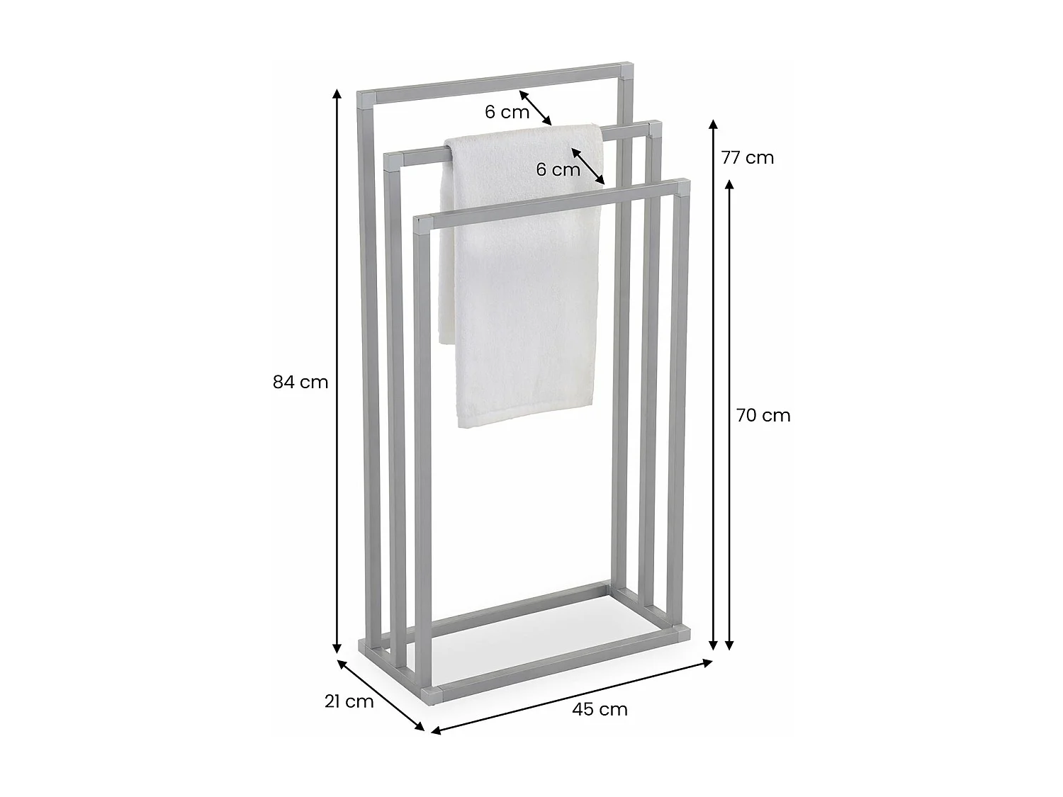 Porte-serviettes sur pied KUNO portant pour vêtements et linge de salle de bain avec 3 niveaux d'étendage, en métal gris clair