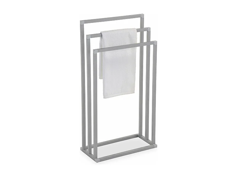 Porte-serviettes sur pied KUNO portant pour vêtements et linge de salle de bain avec 3 niveaux d'étendage, en métal gris clair