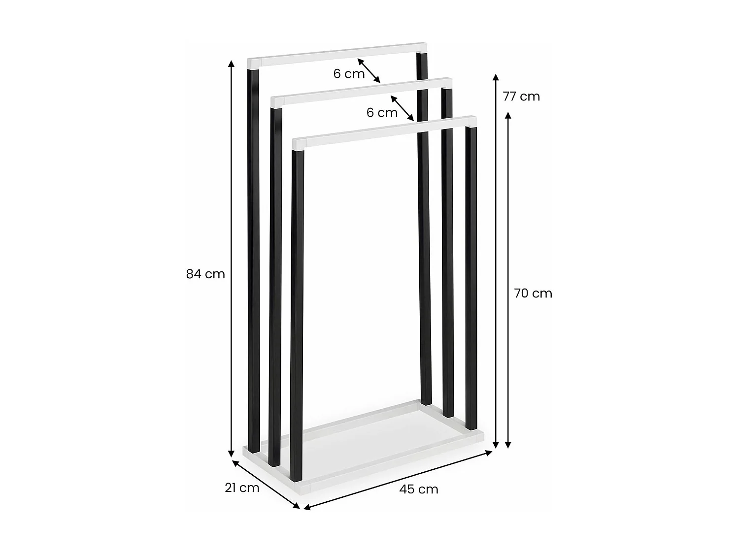 Porte-serviettes sur pied KUNO portant pour vêtements et linge de salle de bain avec 3 niveaux d'étendage, en métal noir et blanc