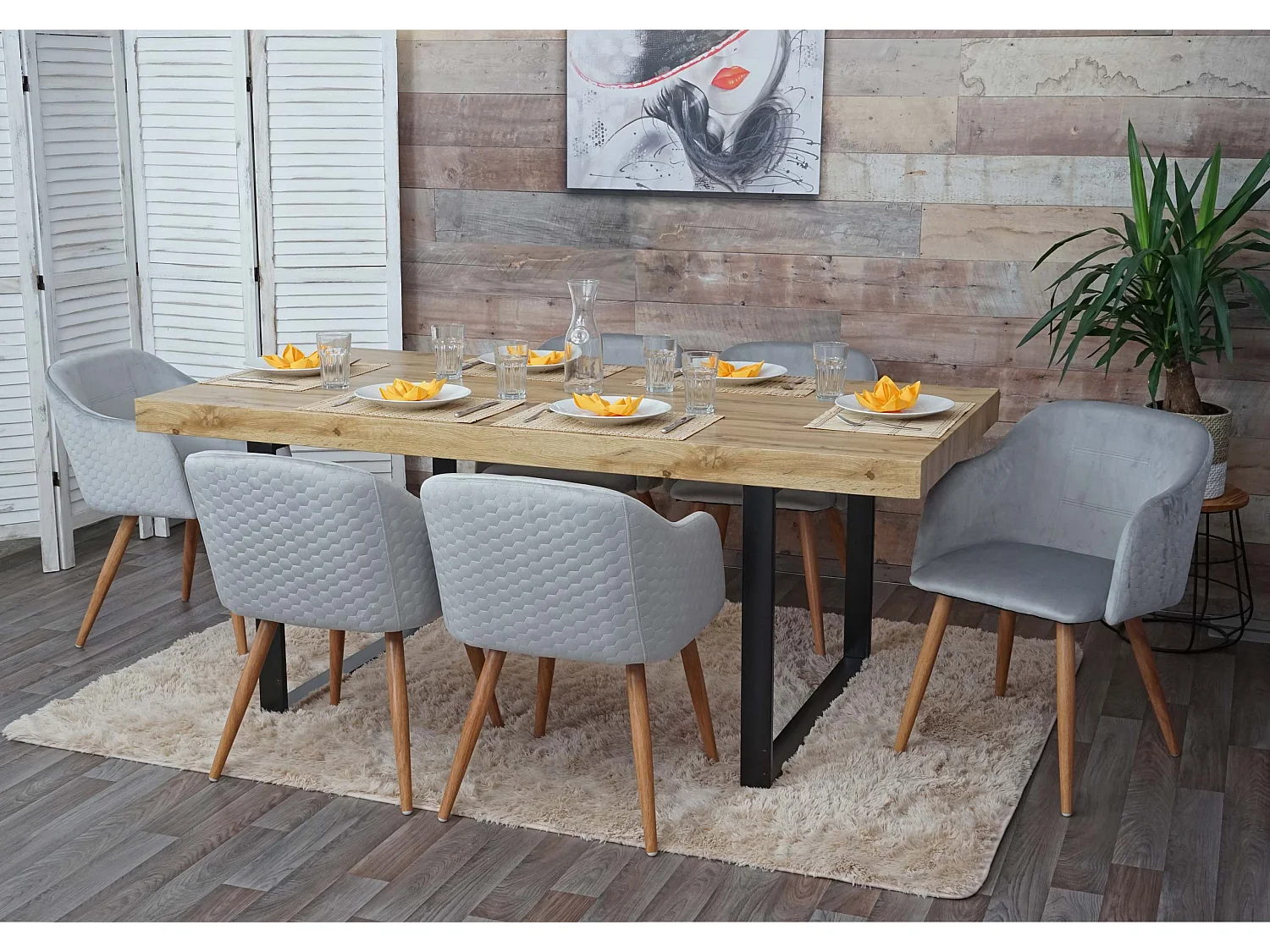 Lot de 6 chaises de salle à manger cuisine design scandinave rétro accoudoirs tissu velours gris clair 04_0000809